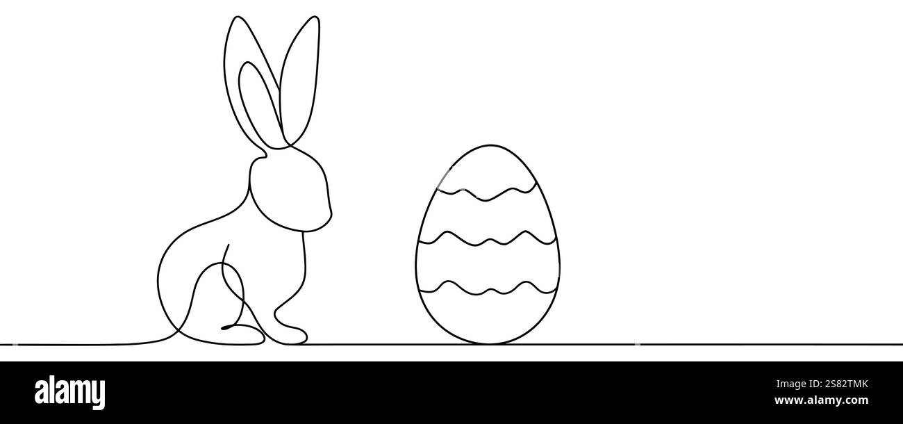 Lineare Vektor-Illustration durchgehende einzeilige Zeichnung von glücklichem Osterhasen und Ei. Niedliches Kaninchen-Design schlichter minimalistischer Stil für Frühlingsdesi Stock Vektor