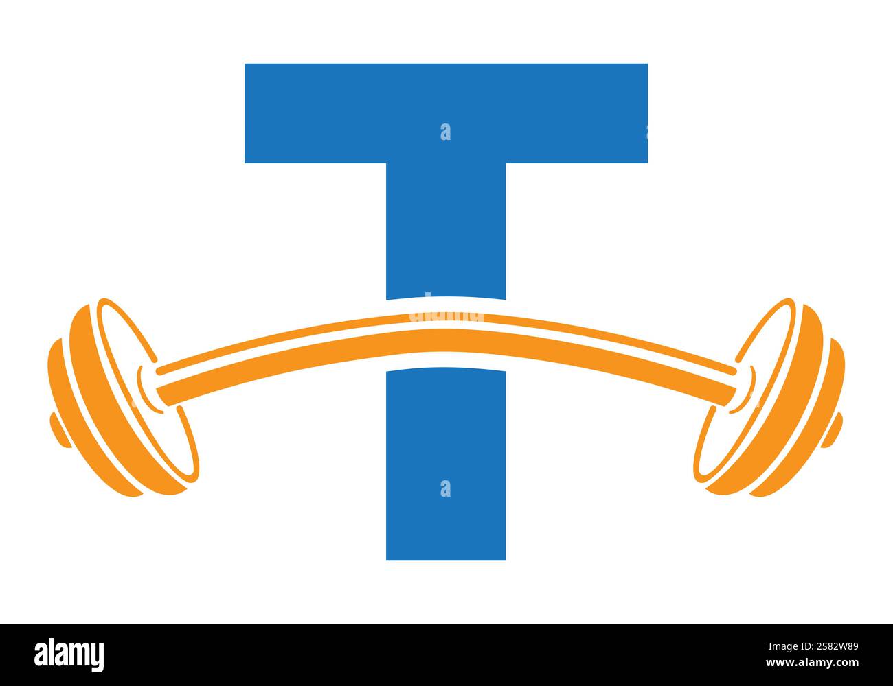 Initial Letter T Gym Logo Design Konzept mit geradem und gebogenem Hantelsymbol. Fitness-Zeichen, Bodybuilding, Workout-Vektor Stock Vektor