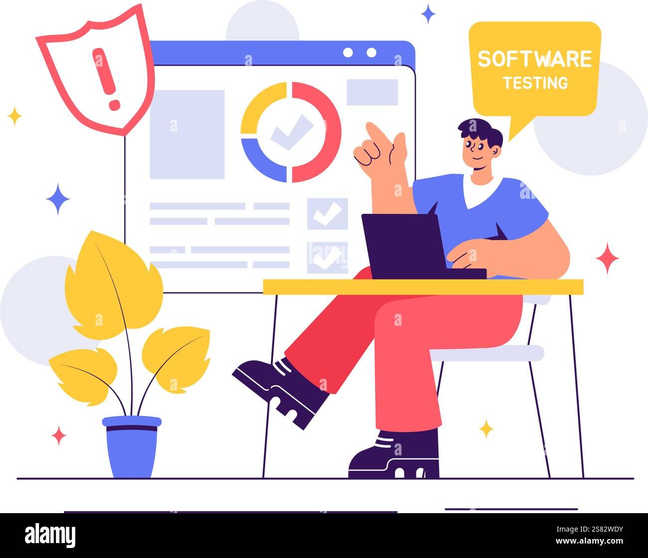 Illustration des Softwaretests Vektors mit Anwendungstechnik, Debugging-Prozessen, Entwicklungsablauf, Programmierung und Codierung Stock Vektor