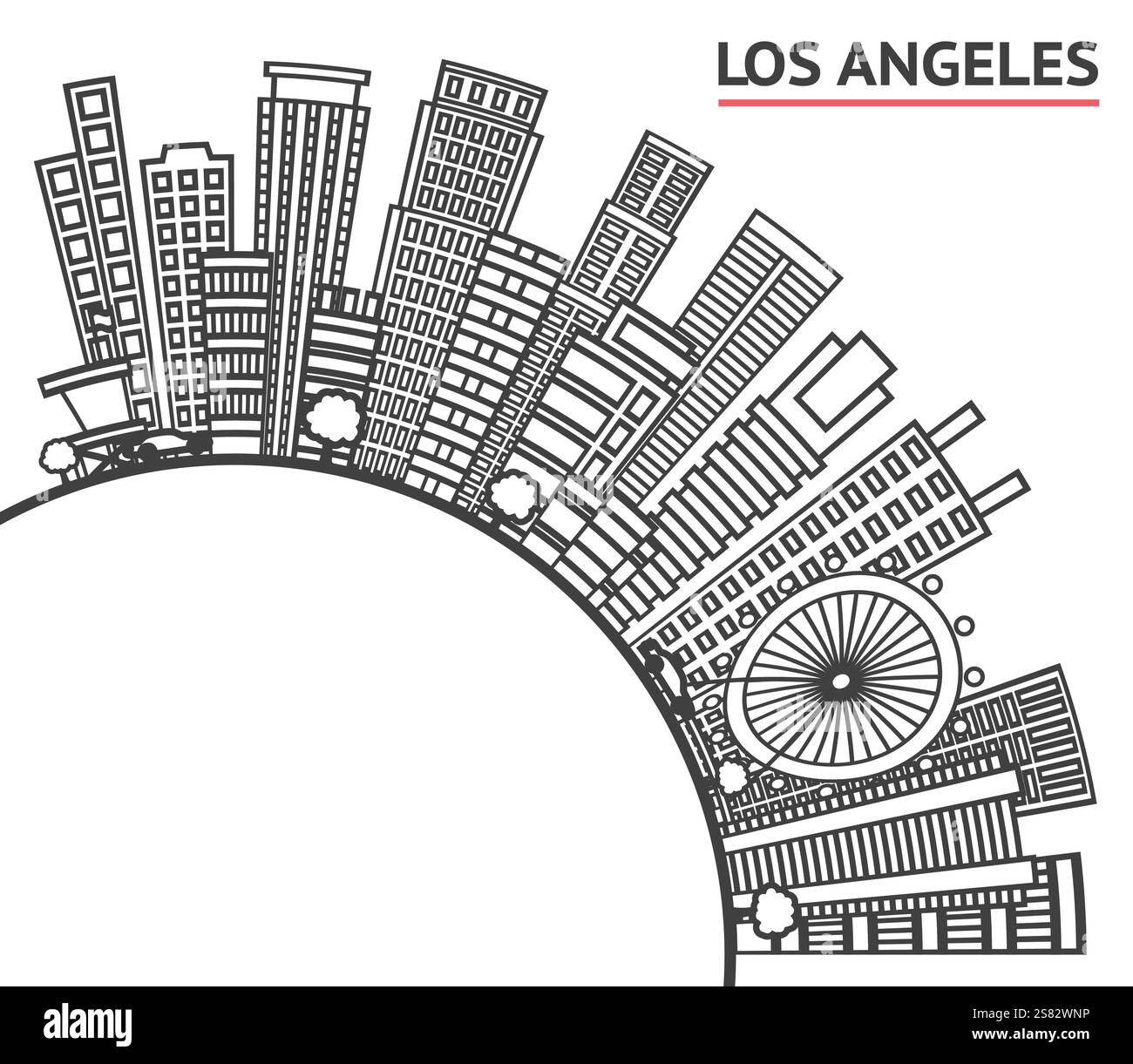 Umreißen Sie die Skyline von Los Angeles, Kalifornien, mit modernen Gebäuden und Kopierräumen, die auf weiß isoliert sind. Vektorabbildung. Los Angeles Stadtbild. Stock Vektor