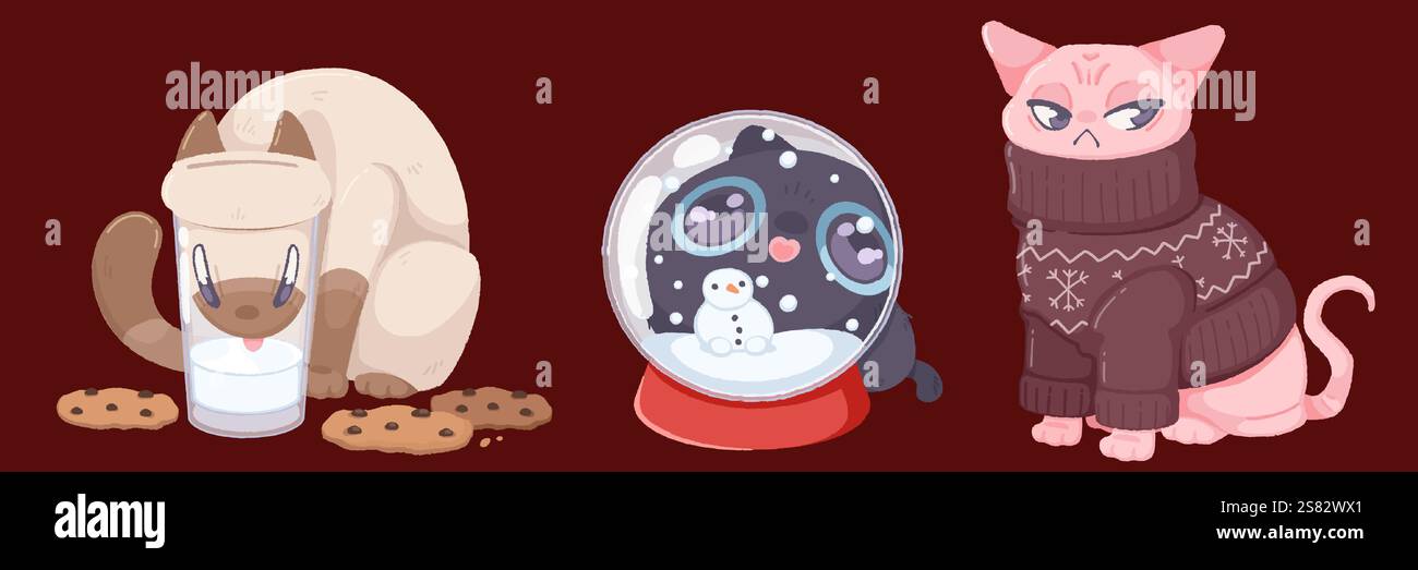 Weihnachtskatzen in gemütlicher Winterumgebung - lustiges Kätzchen mit Milch und Keksen, süße Katze in der Nähe der Schneekugel mit Schneemann, mürriges Haustier mit Strickpullover. Niedliche Tiere für Weihnachtsaufkleber oder -Karte Stock Vektor