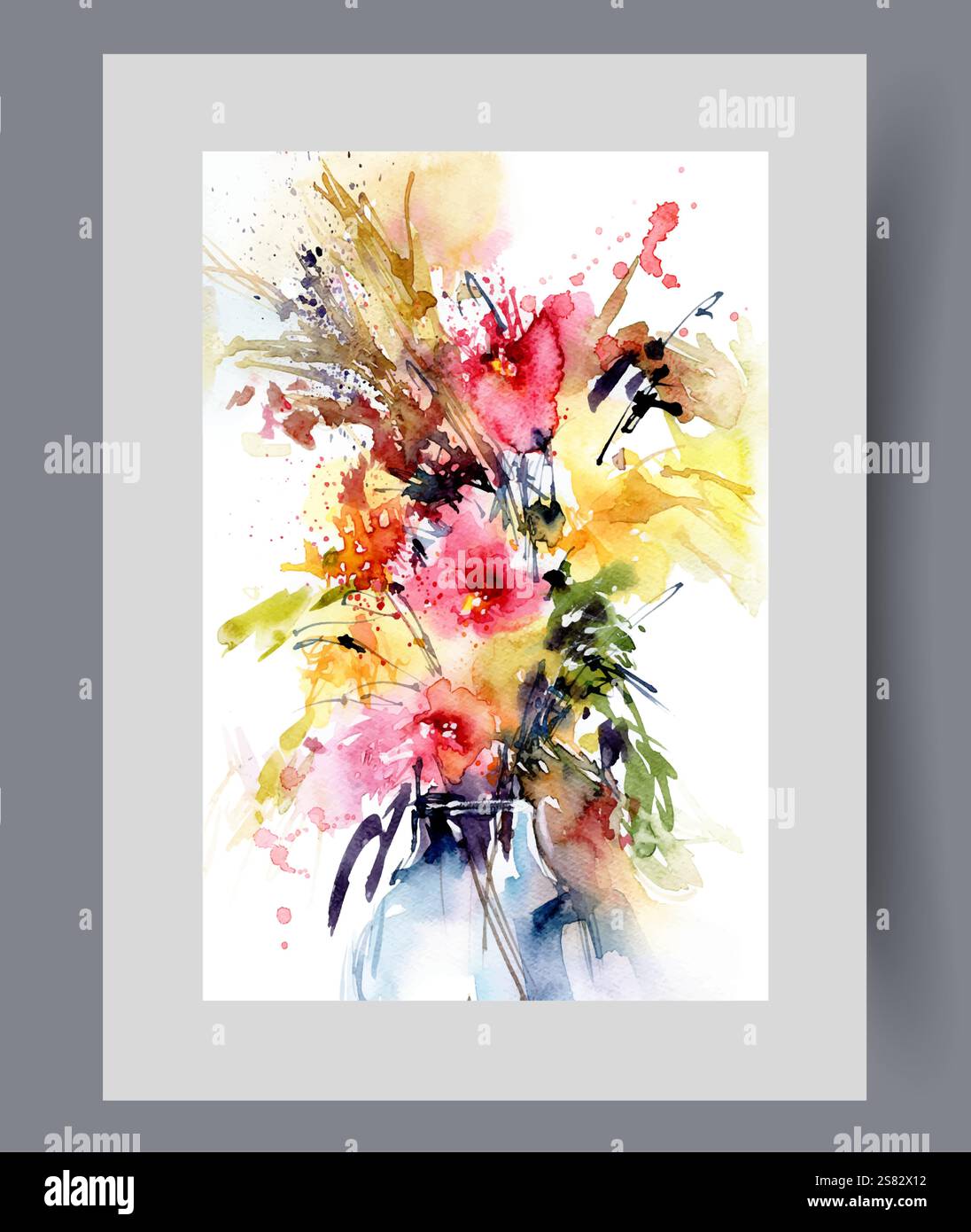 Helle duftende Blumen, die der Frau in Glasvase mit Wasser auf dem Poster präsentiert werden. Aquarellgrafik. Wandkunst mit Sommerstrauß aus Blumen und Orname Stock Vektor
