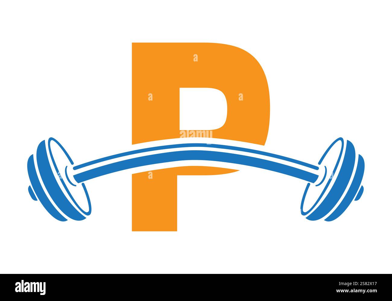 Initial Letter P Gym Logo Design Konzept mit geradem und gebogenem Hantelsymbol. Fitness-Zeichen, Bodybuilding, Workout-Vektor Stock Vektor