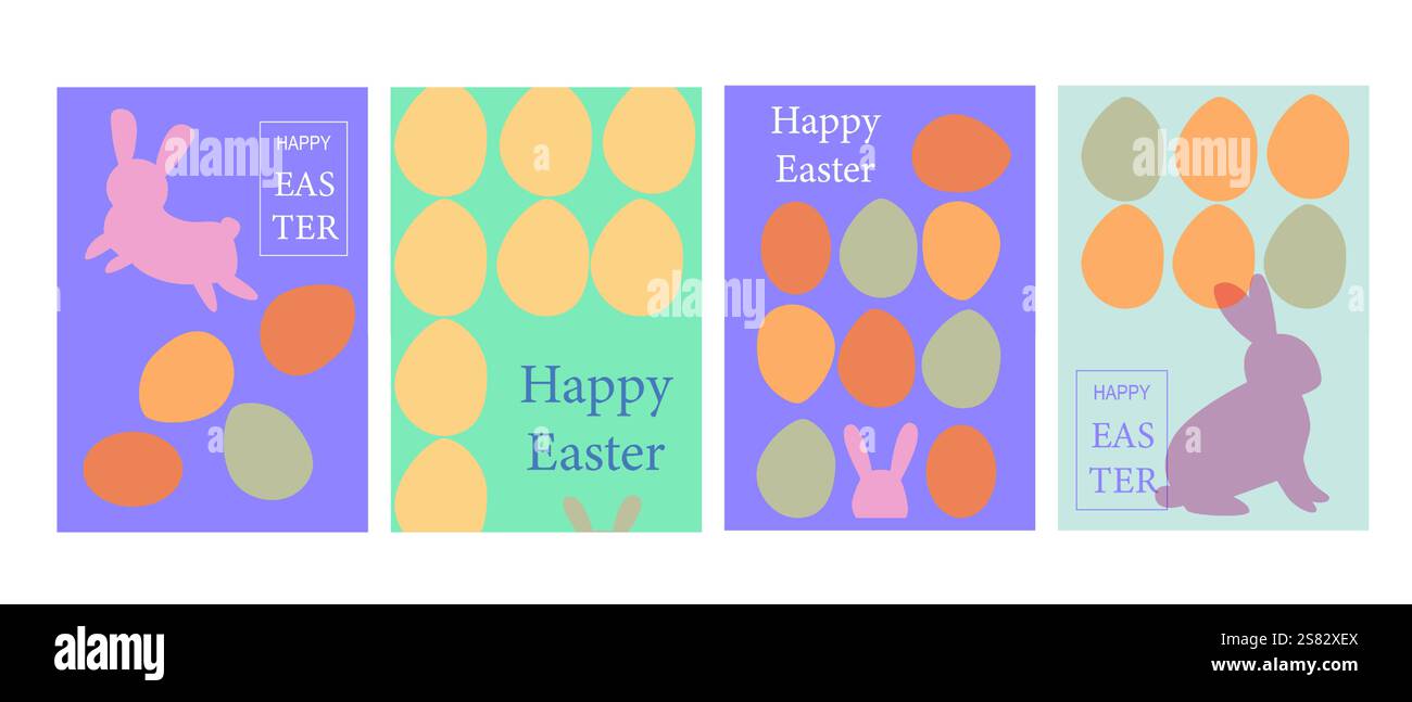 Buntes geometrisches Happy easter-Kartenset mit Eiern und Häschen. Stock Vektor
