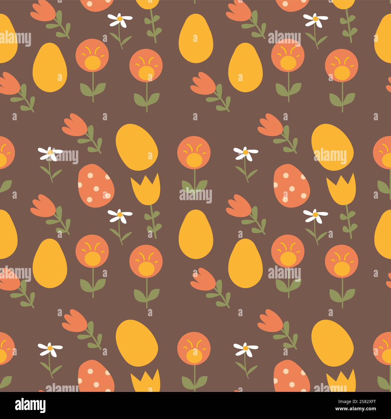 Farbenfrohes Happy easter-Muster mit Eiern und Blumenelementen für festliche Dekoration. Stock Vektor