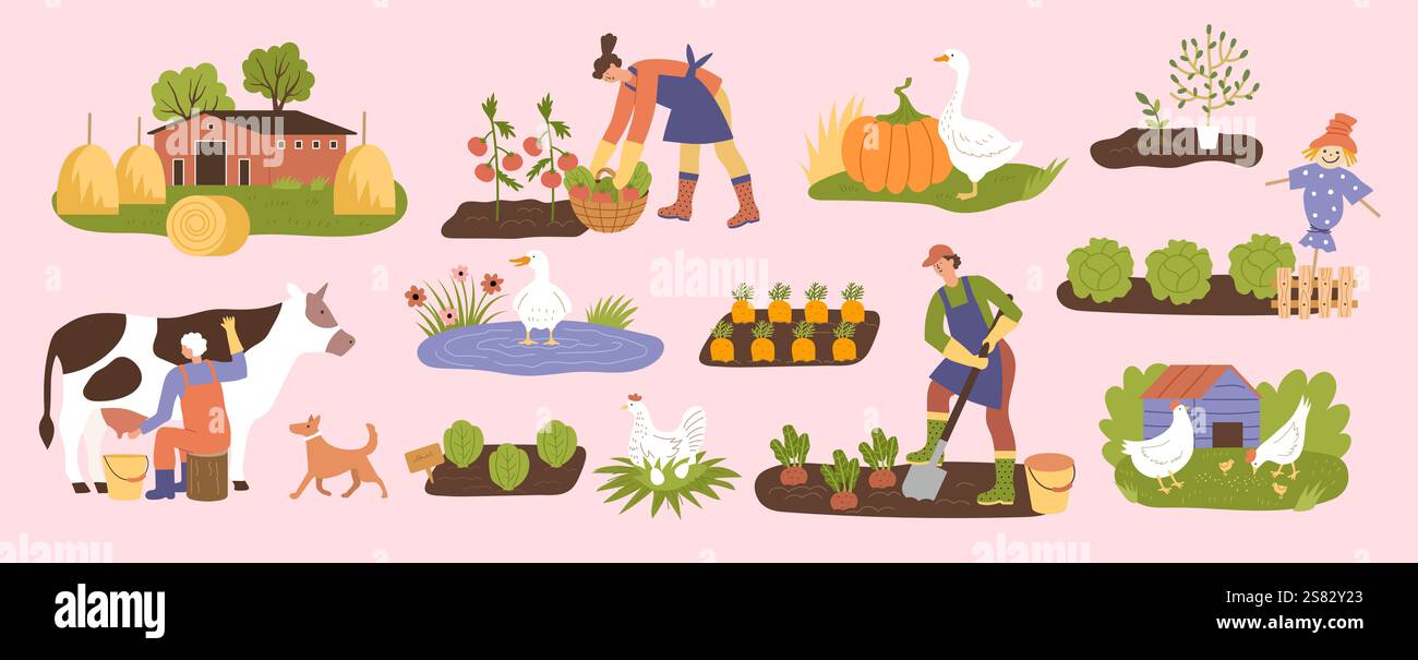 Betrieb. Dorf Lebensstil ländliche Gegend mit Vogelscheuchen Garten Häuser aktuelle Vektor flache Bilder von Farm Stock Vektor