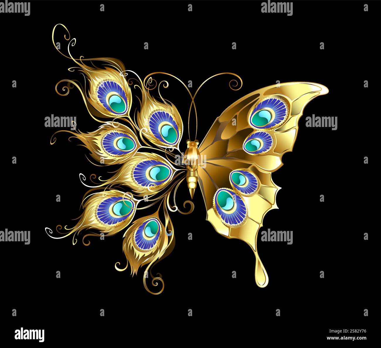 Künstlerisch gezeichnet, Fantasy, Golden, Schmuck Schmetterling mit glänzenden, schönen Flügeln und Pfauenfedern auf schwarzem Hintergrund. Goldener Schmetterling Pfau Stock Vektor