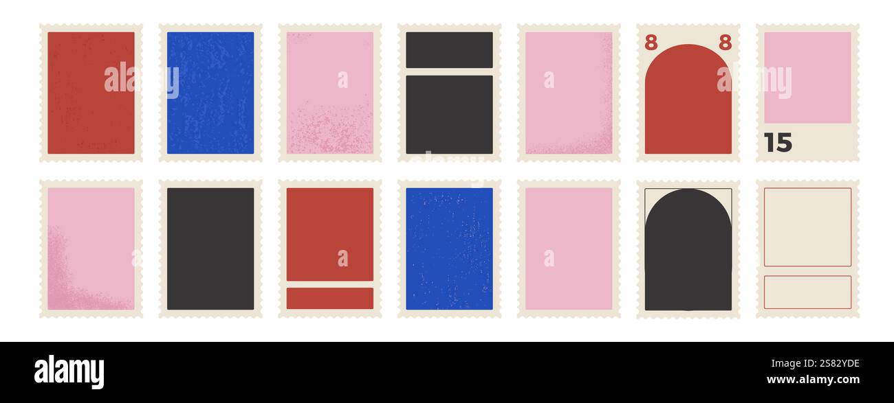 Briefmarkensatz. Leere leere Postkarte mit Textur. Vektor Hand gezeichnet flache Sammlung Illustration isoliert auf weißem Hintergrund. Perforierte p Stock Vektor