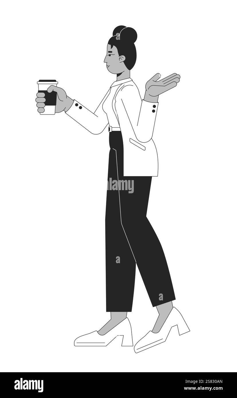 Schwarze Geschäftsfrau, die eine Kaffeetasse hält, während sie schwarz-weiße 2D-Linien mit Gesten umgibt Stock Vektor
