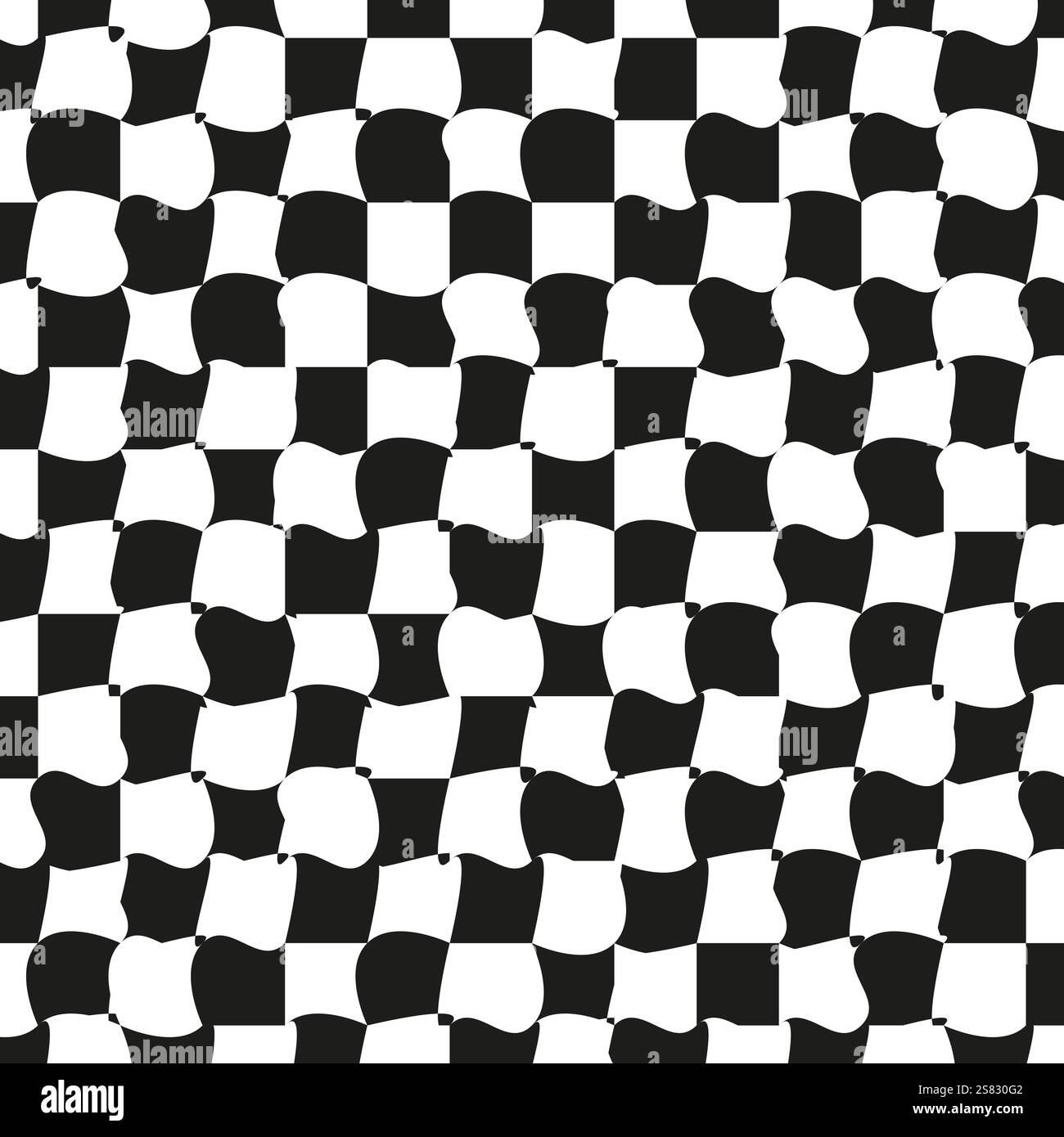 Verzerrter Schachbretthintergrund. Schwarz-weiße Quadrate. Abstraktes, gewölbtes Design. Grafisches Vektormuster. Stock Vektor