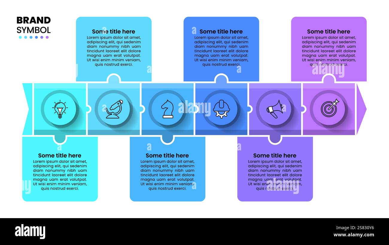 Infografik-Vorlage mit Symbolen und 6 Optionen oder Schritten. Puzzle. Kann für Workflow-Layout, Diagramm, Banner, webdesign verwendet werden. Vektorgrafik Stock Vektor