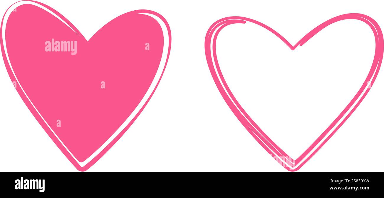 Handgezeichnete Umrisse und gefüllte Herzen in trendigem Pink. Design-Konzept für die Begrüßung am Valentinstag. Isolierte Vektor-Illustration Thematische Karten, Faltblatt, Einladung, Preis, Etikett oder Web-Werbebanner Stock Vektor