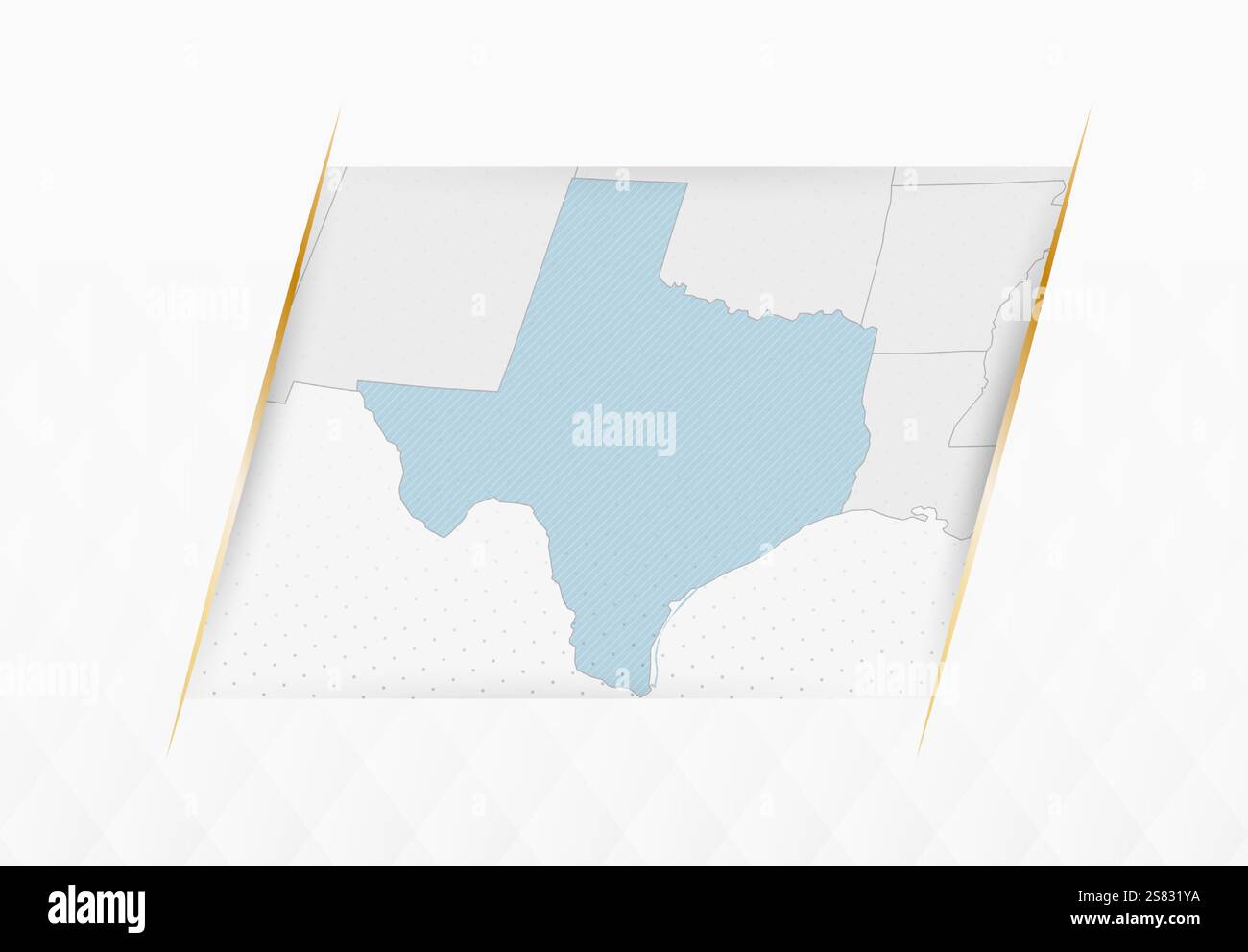 Texas Karte in Blau mit goldgerahmten Akzenten. Moderne Vektorkarte von Texas. Vektorabbildung. Stock Vektor