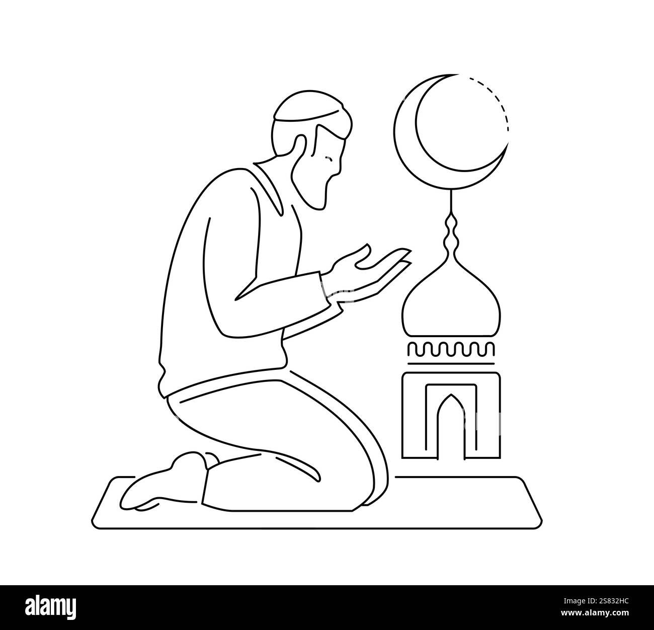 Muslimischer Mann, der auf der Gebetsmatte sitzt. Islam-Symbol Stock Vektor