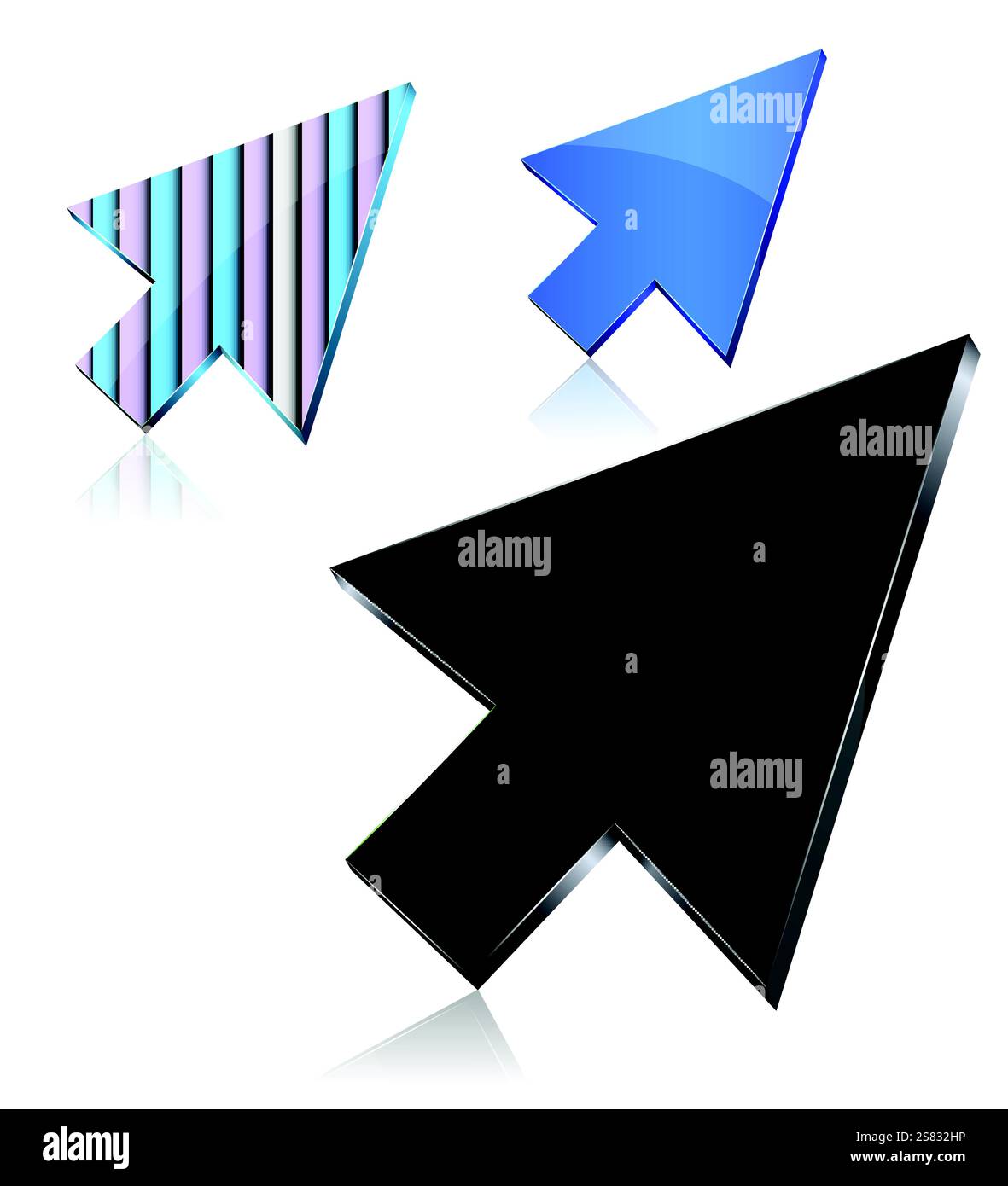 Satz von 3D-Zeigern. Satz mit drei Hochglanzpfeilen Stock Vektor