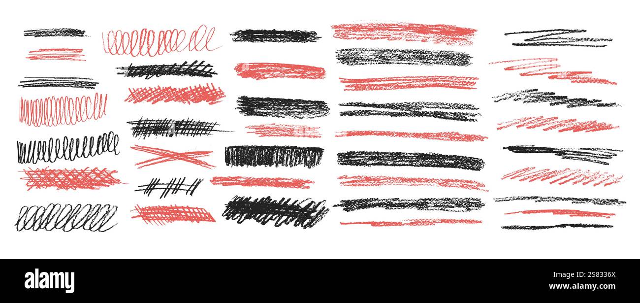 Unterstreichungsset für Buntstifte. Packung mit Bleistift-Scribble-Linien. Vektor Hand gezeichnete Holzkohle Pinselstrich Illustration isoliert. Rote und schwarze Hervorhebungen handschriftlich Stock Vektor