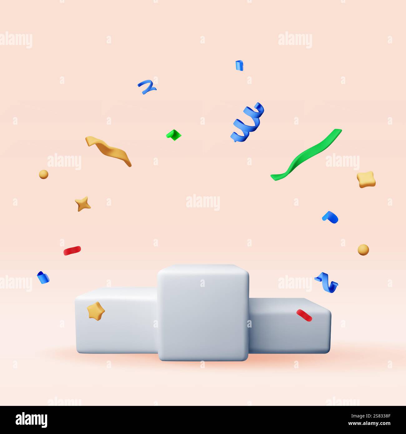 Weißes 3D-Podium mit Konfetti isoliert. Stock Vektor