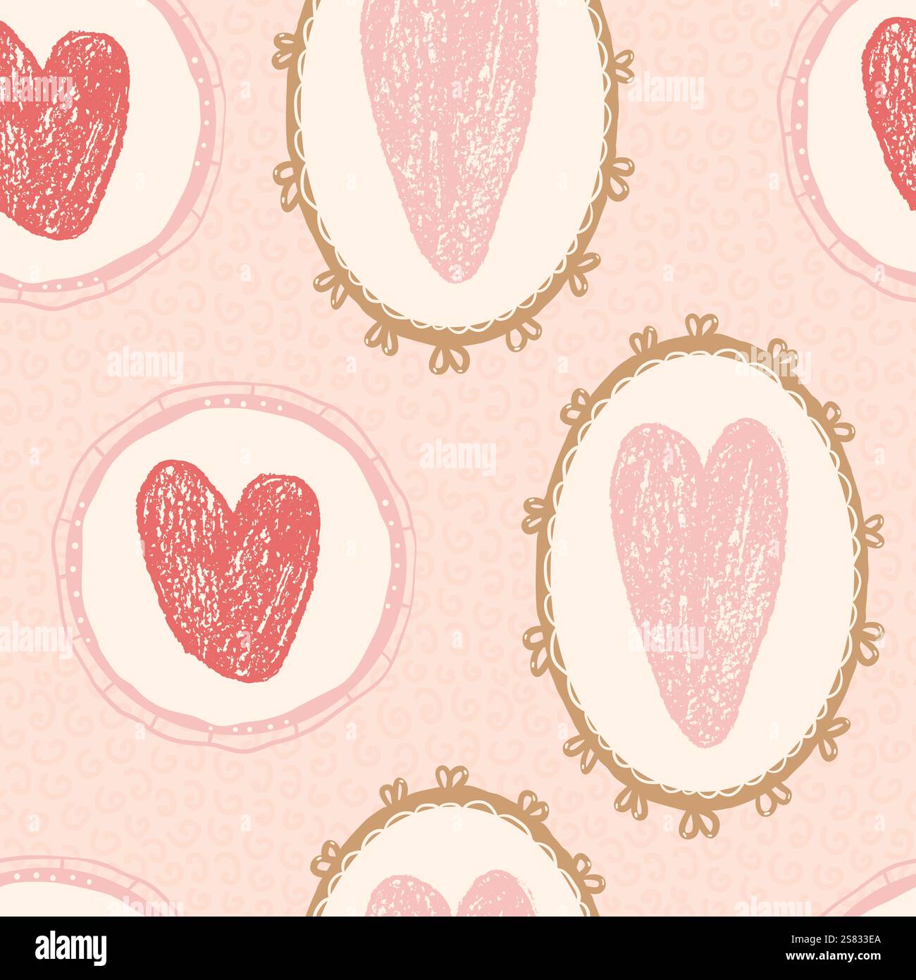 Herzen im ovalen und runden Vintage-Rahmen mit nahtlosem Muster. Valentinstag Coquette wiederholte Hintergrund. Liebessymbole endlose Kulisse. Romantischer Retro-Stil Stock Vektor