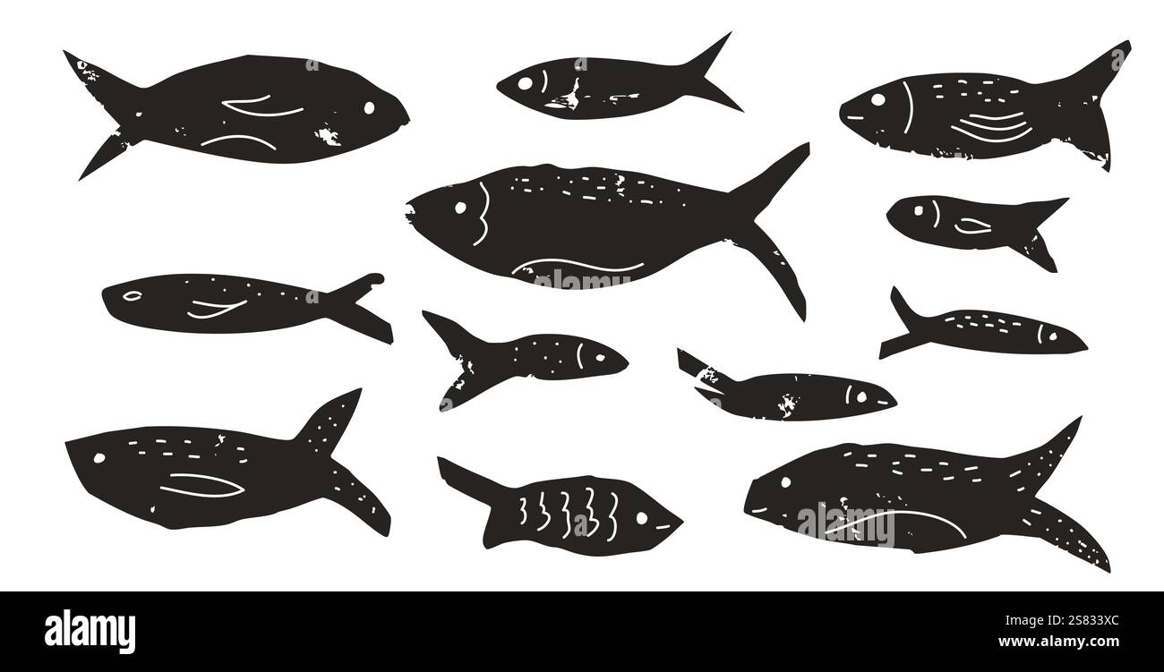 Fischset. Sardinen Schulkollektion. Lachssilhouetten im Linolschnitt. Unterwassertiere. Vektor Hand gezeichnet Linolschnitt Collage Elemente Illustration isol Stock Vektor