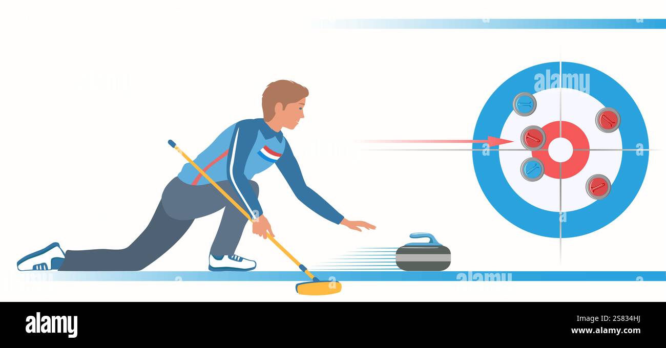 Wintersport. Curling Player mit Stein und Pinsel auf einer Eislaufbahn. Curling Sheet and Stones Near T-Stück. Stock Vektor