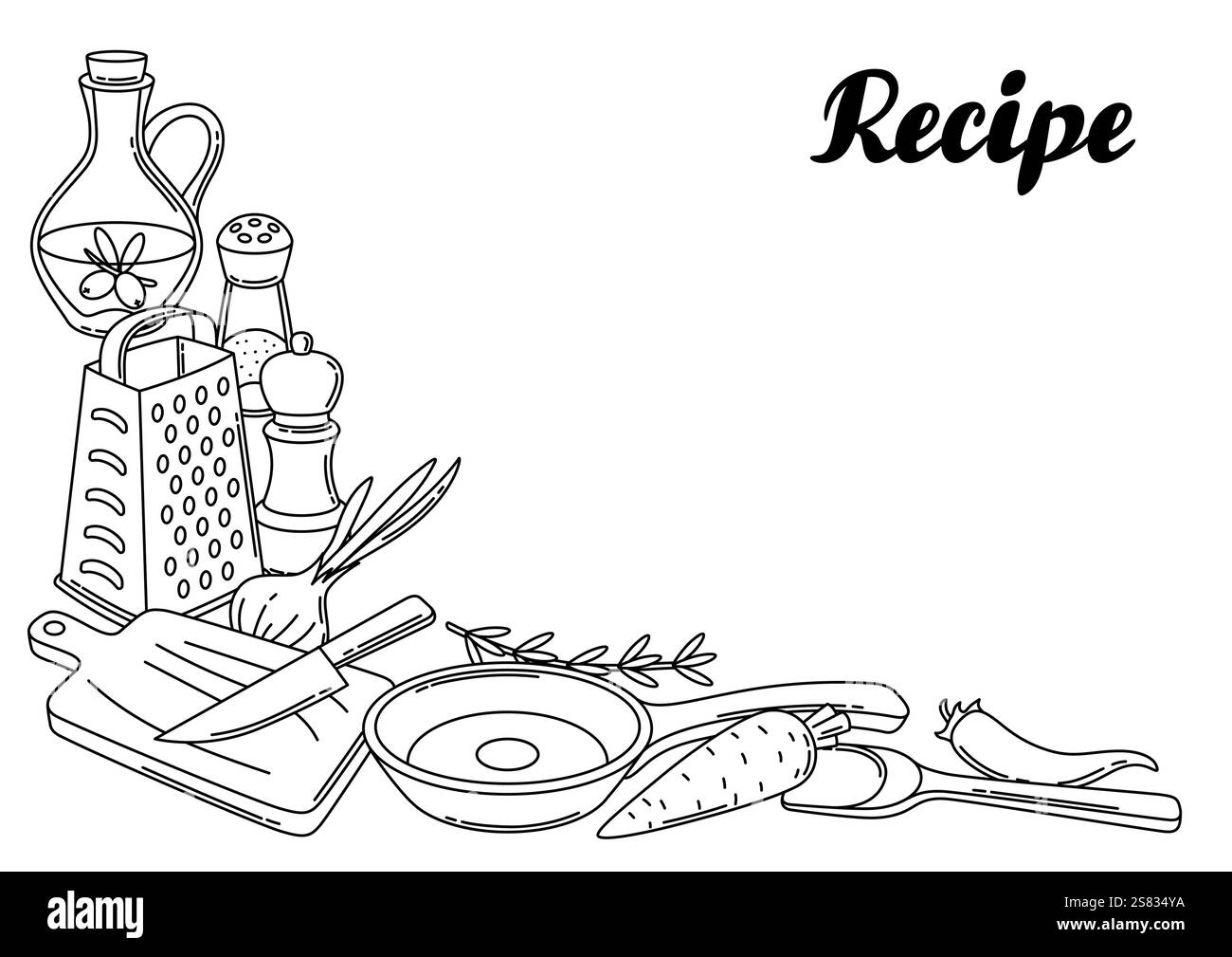 Hintergrund mit Küchenutensilien. Kochwerkzeuge für zu Hause und Rezepte. Stock Vektor