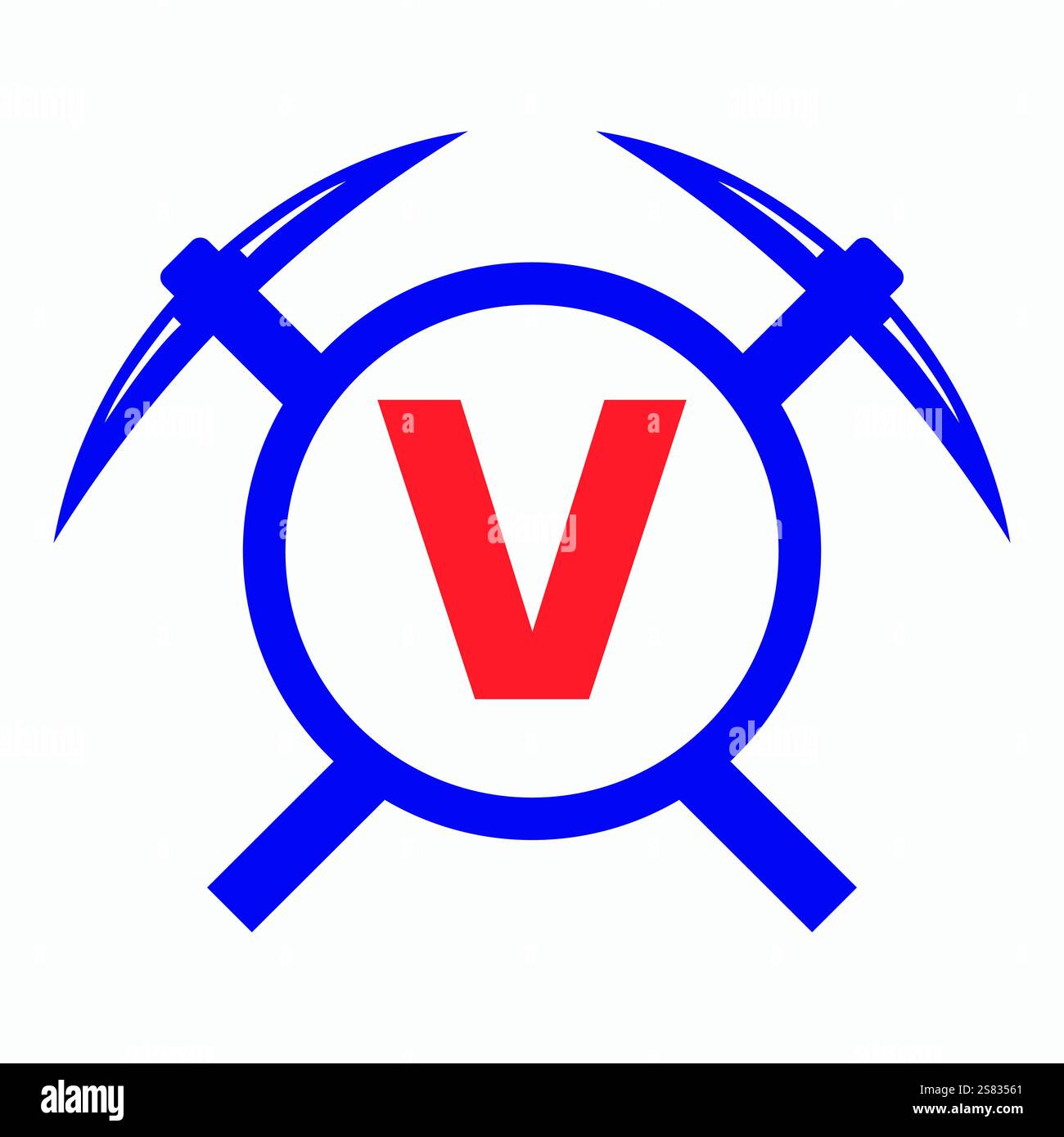 Initial Letter V Mining Logo kombiniert mit Pickaxe Symbol Vector Template Stock Vektor