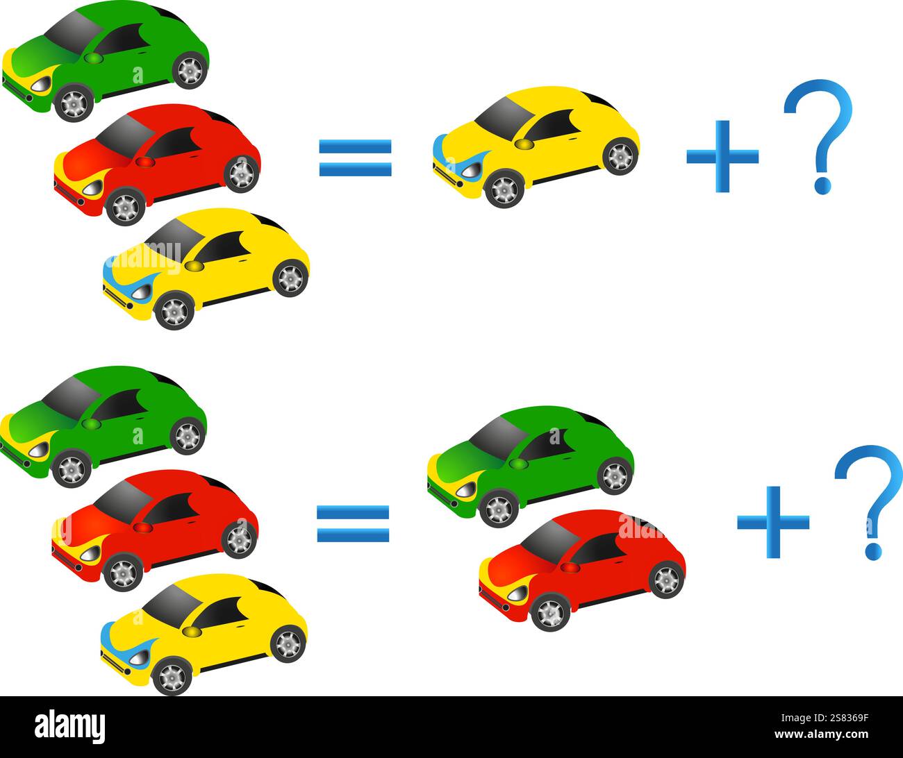 Lernspiele für Kinder über die Zusammensetzung der drei, Beispiel mit Autos. Stock Vektor