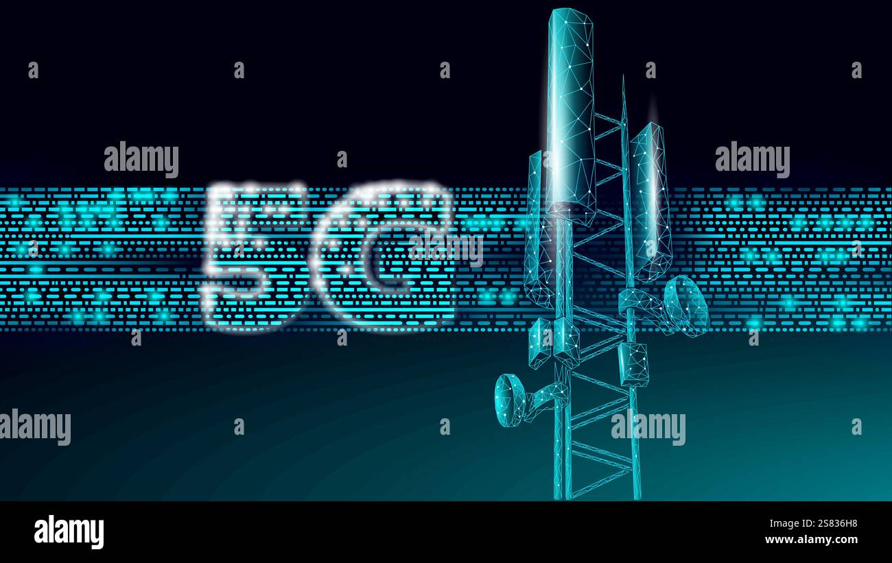 Empfänger der 3D-Basisstation. Telekommunikationsturm 5g, polygonaler Datensender für globale Verbindungen. Mobilfunk-Antenne für Mobilfunk-Video Stock Vektor
