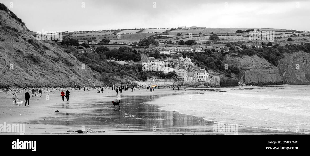 Reflexionen von Hundewanderern an einem kalten und feuchten Whitby-Strand, die Erinnerungen an den Strandurlaub in England wecken. Stockfoto
