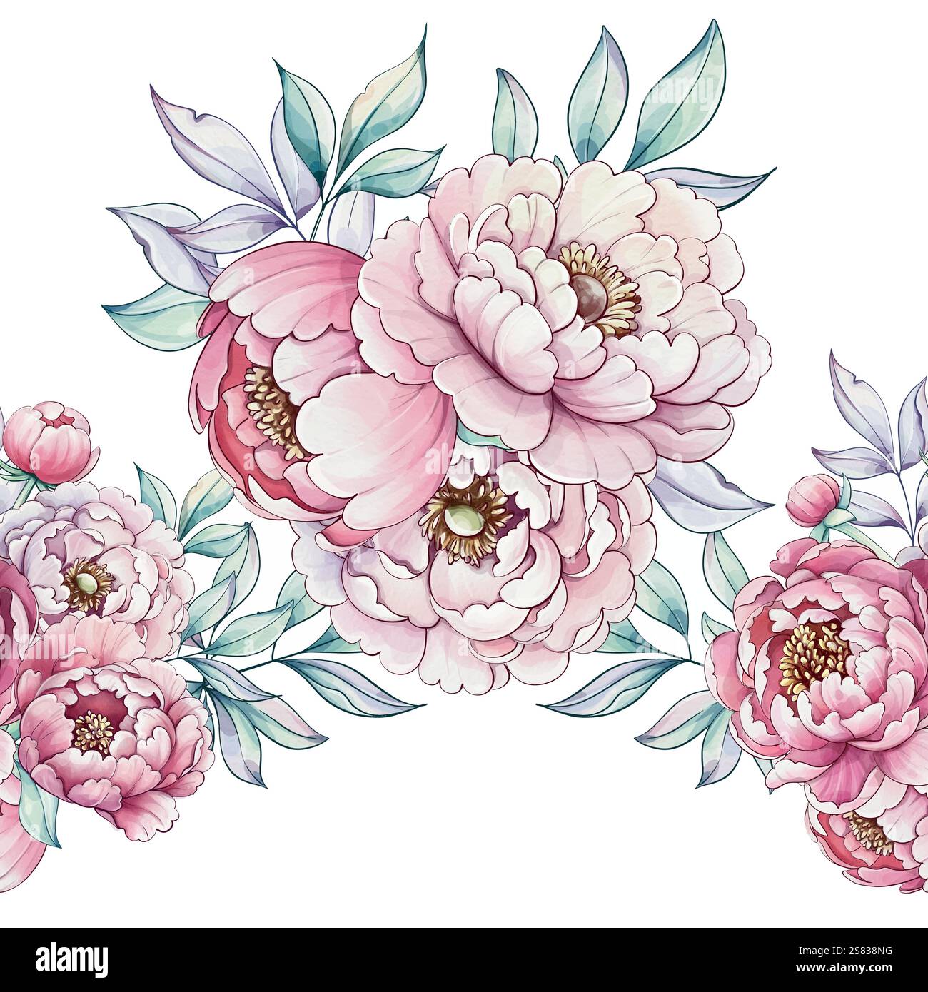 Lebendige Pfingstrosen in Rosa vermischen sich mit sanften grünen Blättern und verleihen dem nahtlosen Muster des Kunstwerks einen Hauch von natürlicher Eleganz Stock Vektor