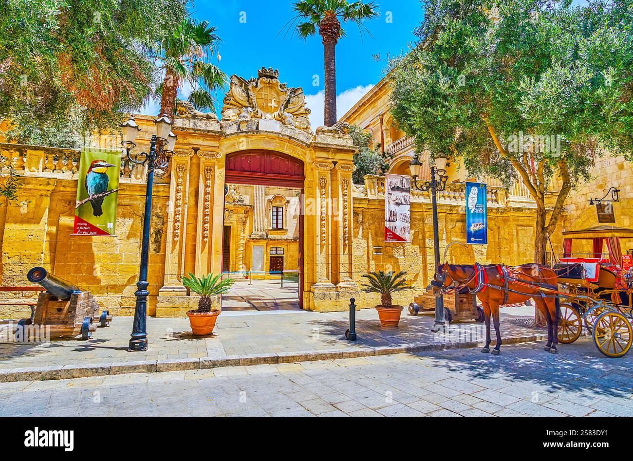 MDINA, MALTA - 16. JUNI 2018: Der retro Pferdekutsche wartet die Touristen in St. Publius Quadrat neben dem Tor der Vilhena Palace, am 16. Juni in Stockfoto