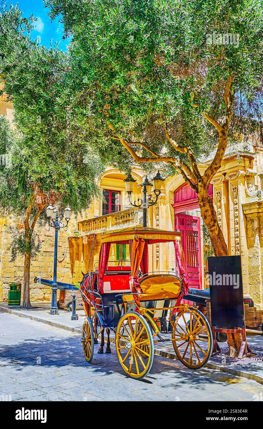 Die alte Kutsche steht am St. Publius Platz im Schatten der Bäume neben dem Vilhena Palast in Mdina. Stockfoto