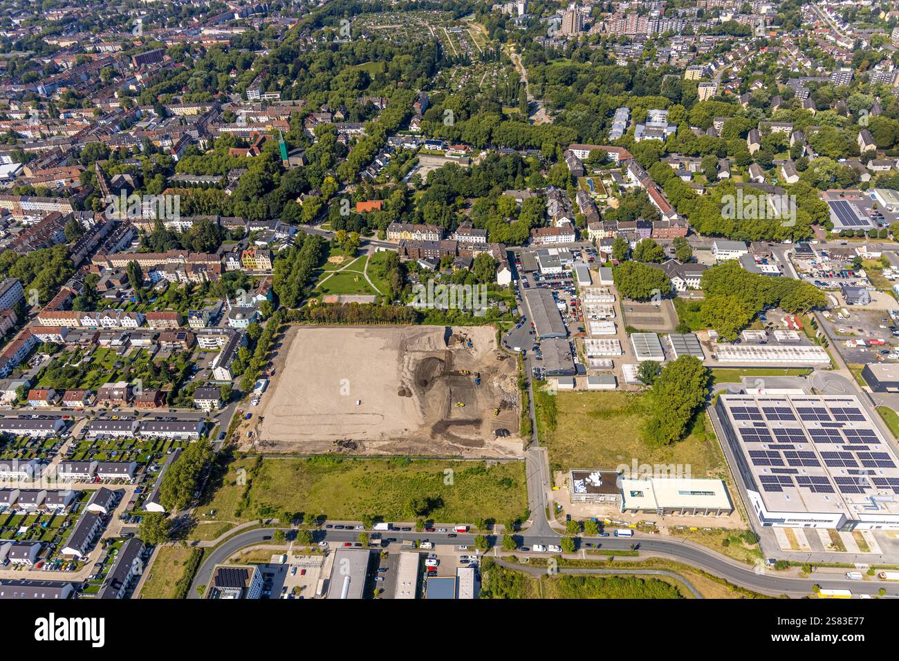 Luftaufnahme, Baustelle Kesselstraße beim Gewerbepark Schalker Verein, Wohngebiet Bulmke-Hüllen, Gelsenkirchen, Ruhrgebiet, Nord-Rh Stockfoto