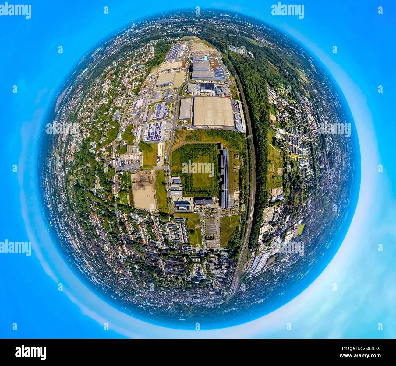 Luftaufnahme, Gewerbepark Schalker Verein, Europastraße, mit bilstein Gruppe und Dokas Handelsgesellschaft mbH, Globus, Fischaugenbild, 360 Grad im Stockfoto