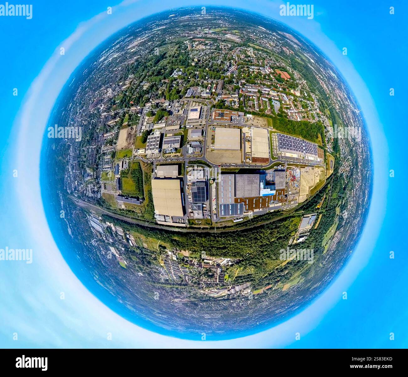 Luftaufnahme, Gewerbepark Schalker Verein, Europastraße, mit bilstein Gruppe und Dokas Handelsgesellschaft mbH, Globus, Fischaugenbild, 360 Grad im Stockfoto