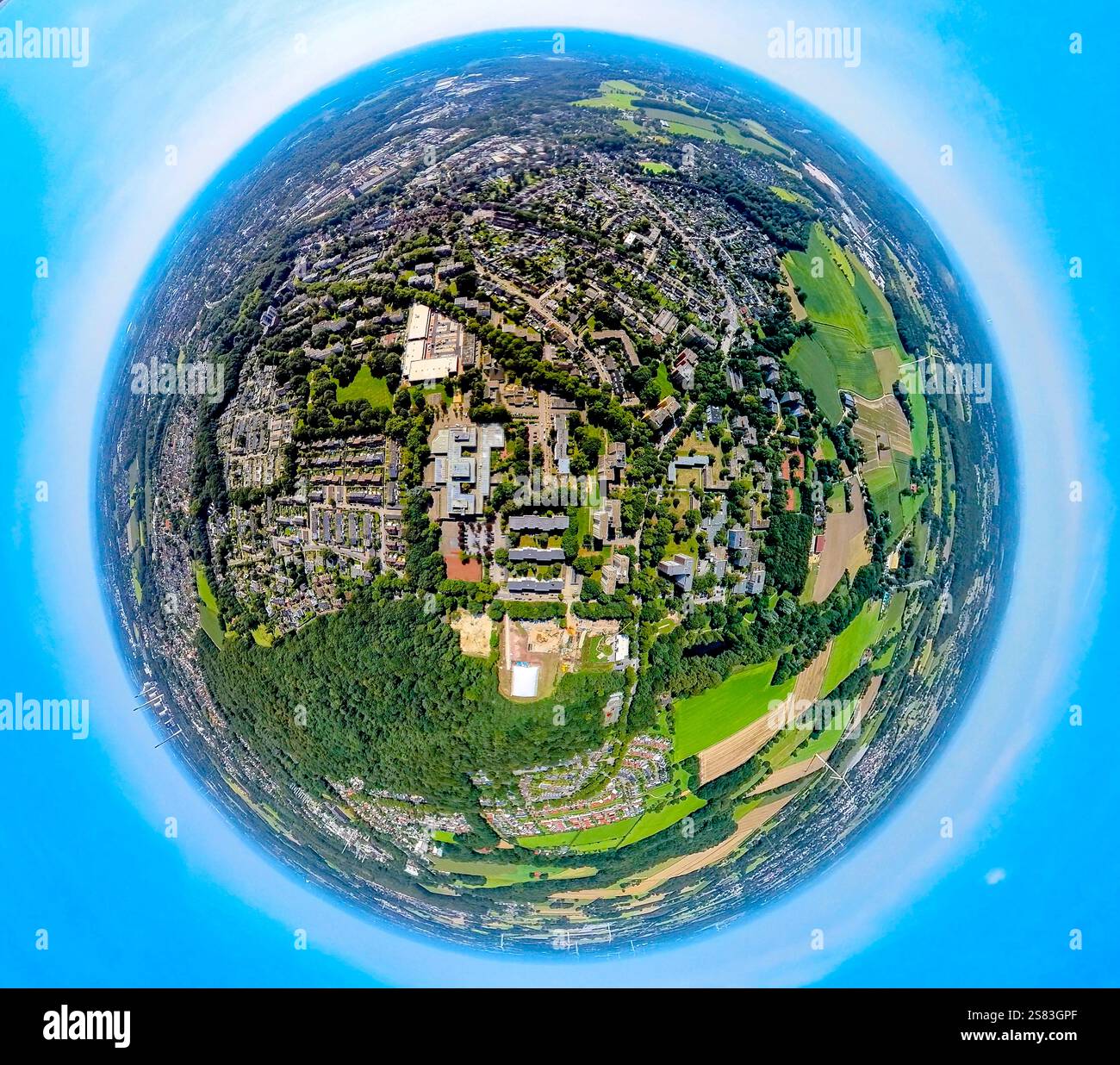 Luftaufnahme, Ortsansicht Wohngebiet Rentfort, Schwechater Straße, Ingeborg-Drewitz-Gesamtschule, Erdkugel, Fischaugenbild, 360-Grad-Bild, ti Stockfoto