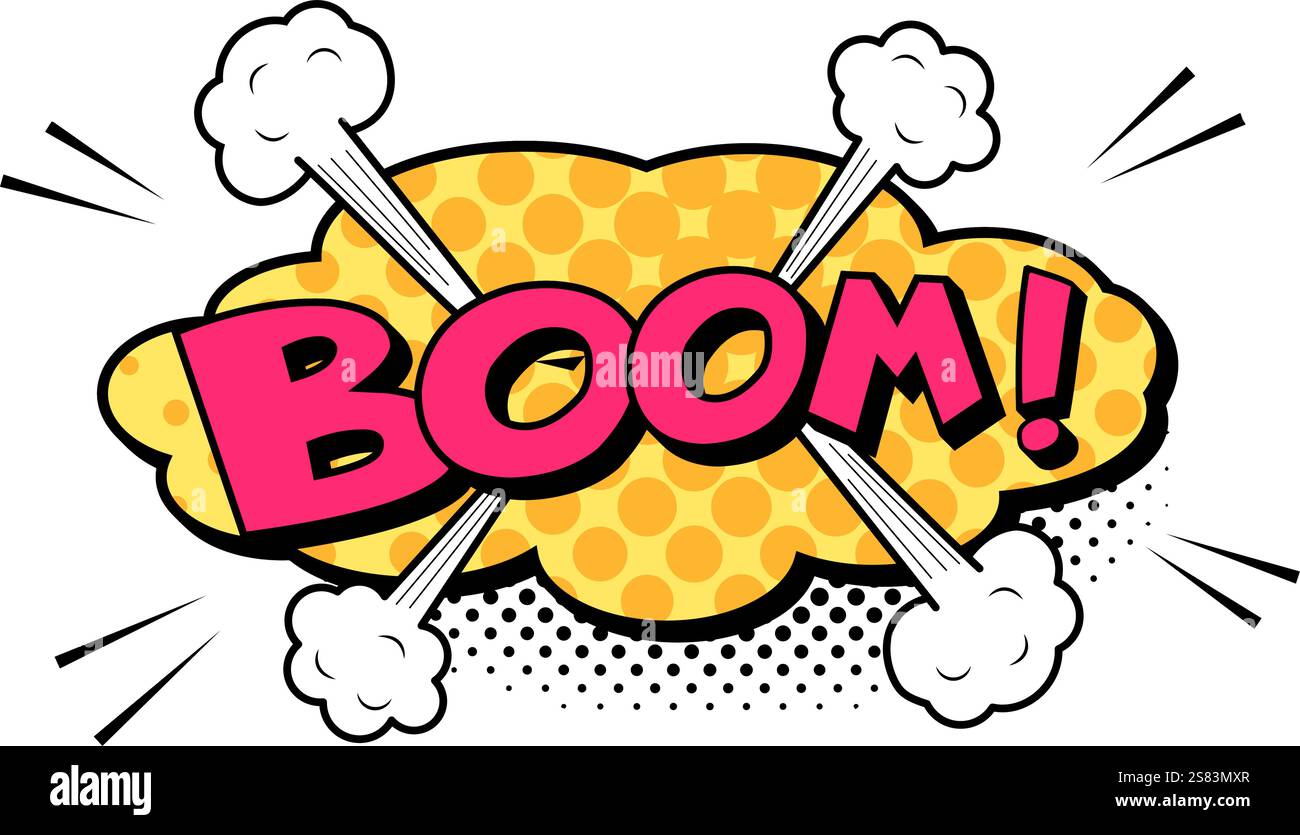 Bunte Boom Explosion Comic Wolke mit Halbtonpunkten, Rauchwolken und Geschwindigkeitslinien, die nach außen strahlen und die Energie und den Einfluss eines Schwamms verkörpern Stock Vektor