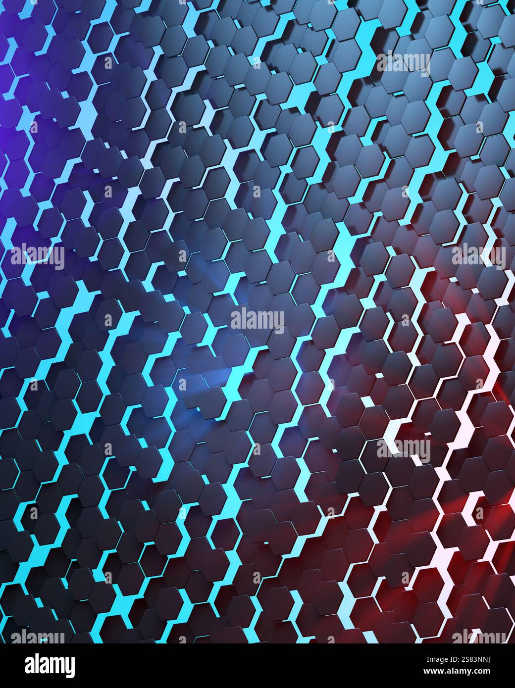 Abstrakter technologischer sechseckiger Hintergrund. Ambientebeleuchtung. Blaue blaue blaue blaue rote Lichter. 3D-Rendering Stockfoto
