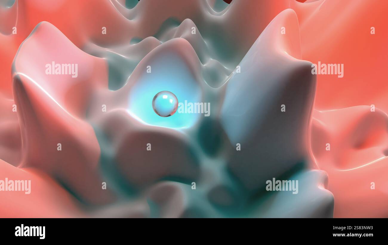 Abstraktes 3D-Rendering von Form und Volumen. Rote und blaue Leuchten. Modernes Hintergrunddesign, Illustration einer futuristischen Form Stockfoto