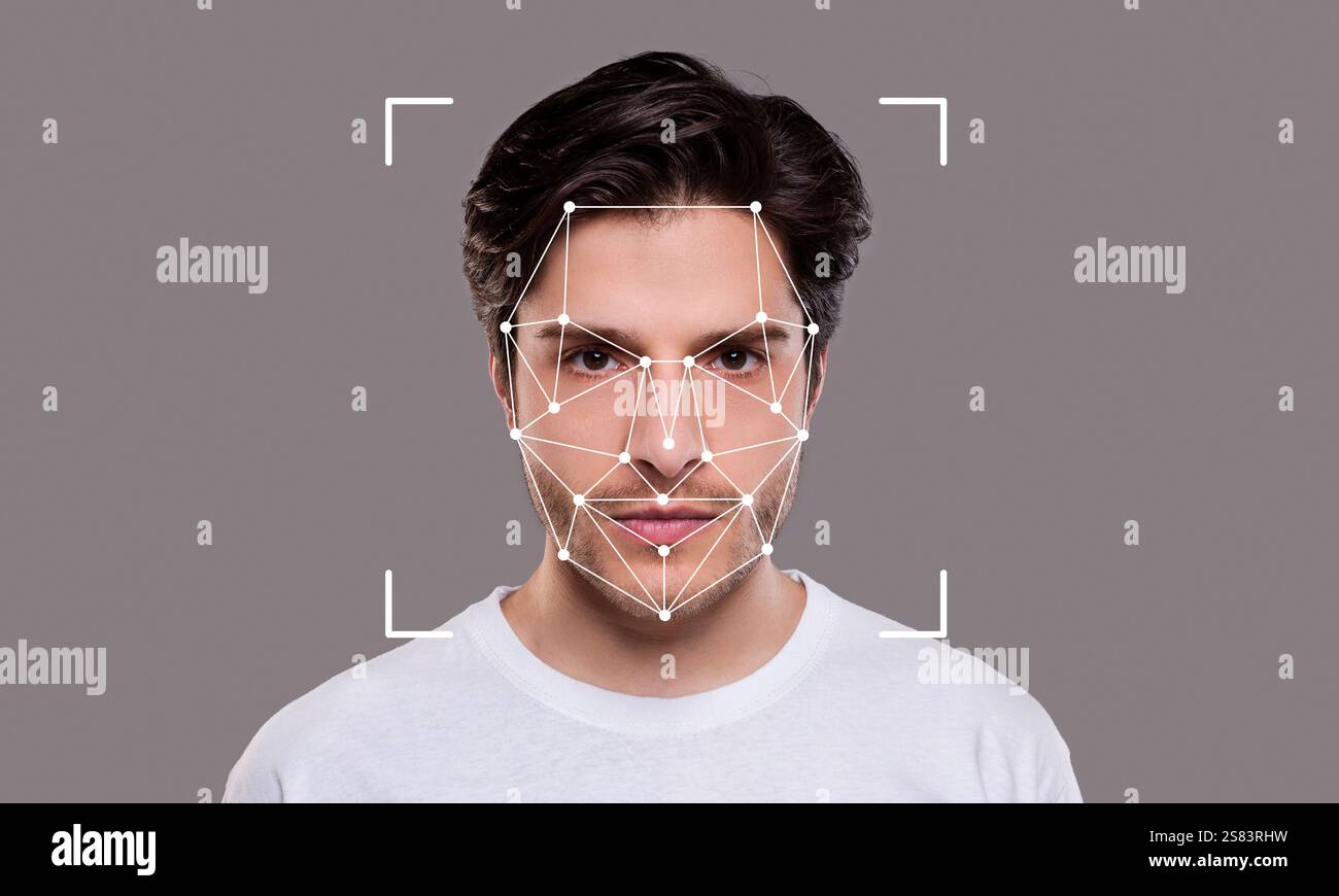 Gesichtserkennungstechnologie zeigt den Identifizierungsprozess einer Person an Stockfoto