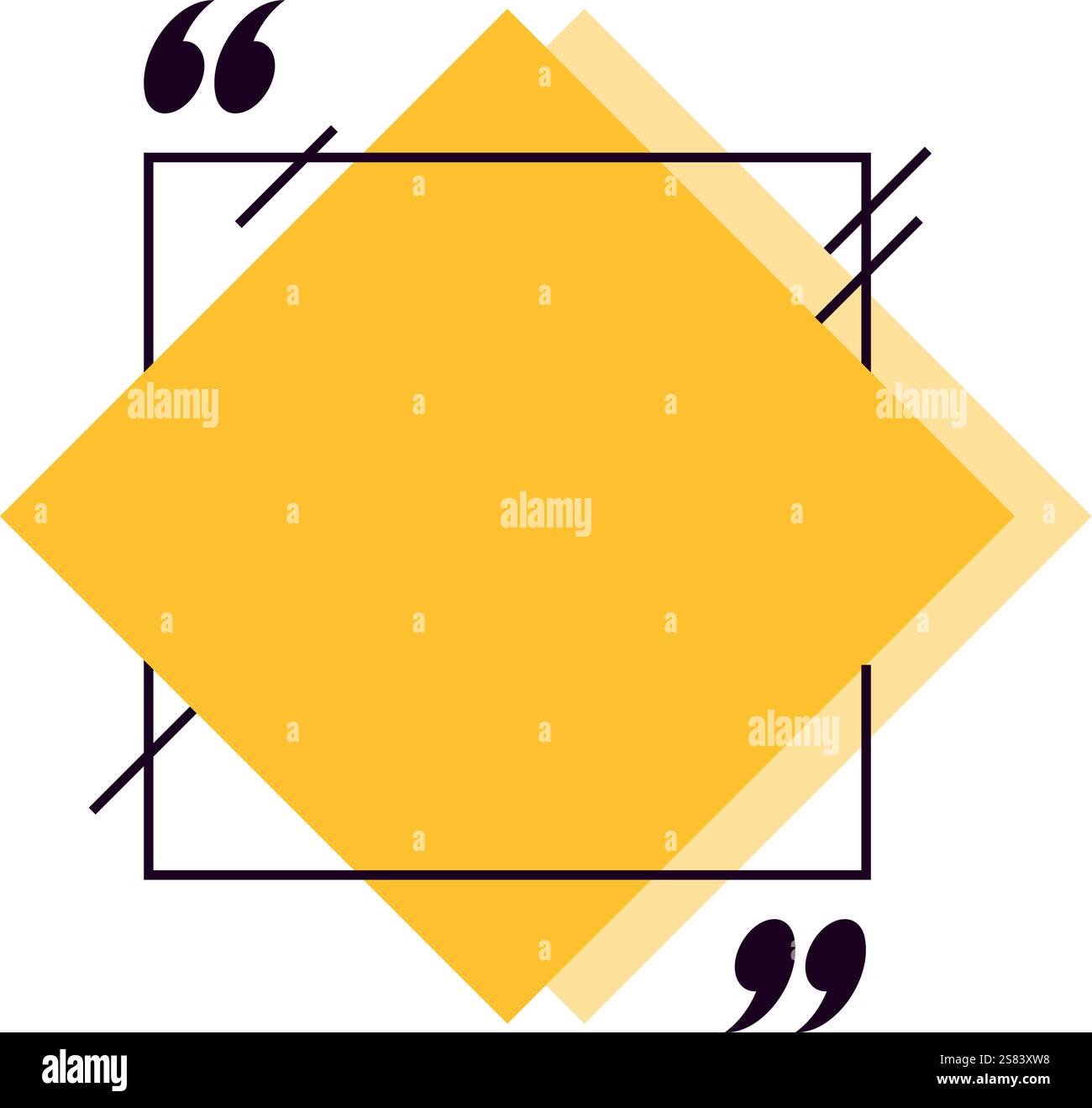Hellgelbes Anführungsfeld mit Anführungszeichen, einladender Texteingabe, gerahmt mit quadratischem Design und durch diagonale Linien, gesetzt gegen A Stock Vektor