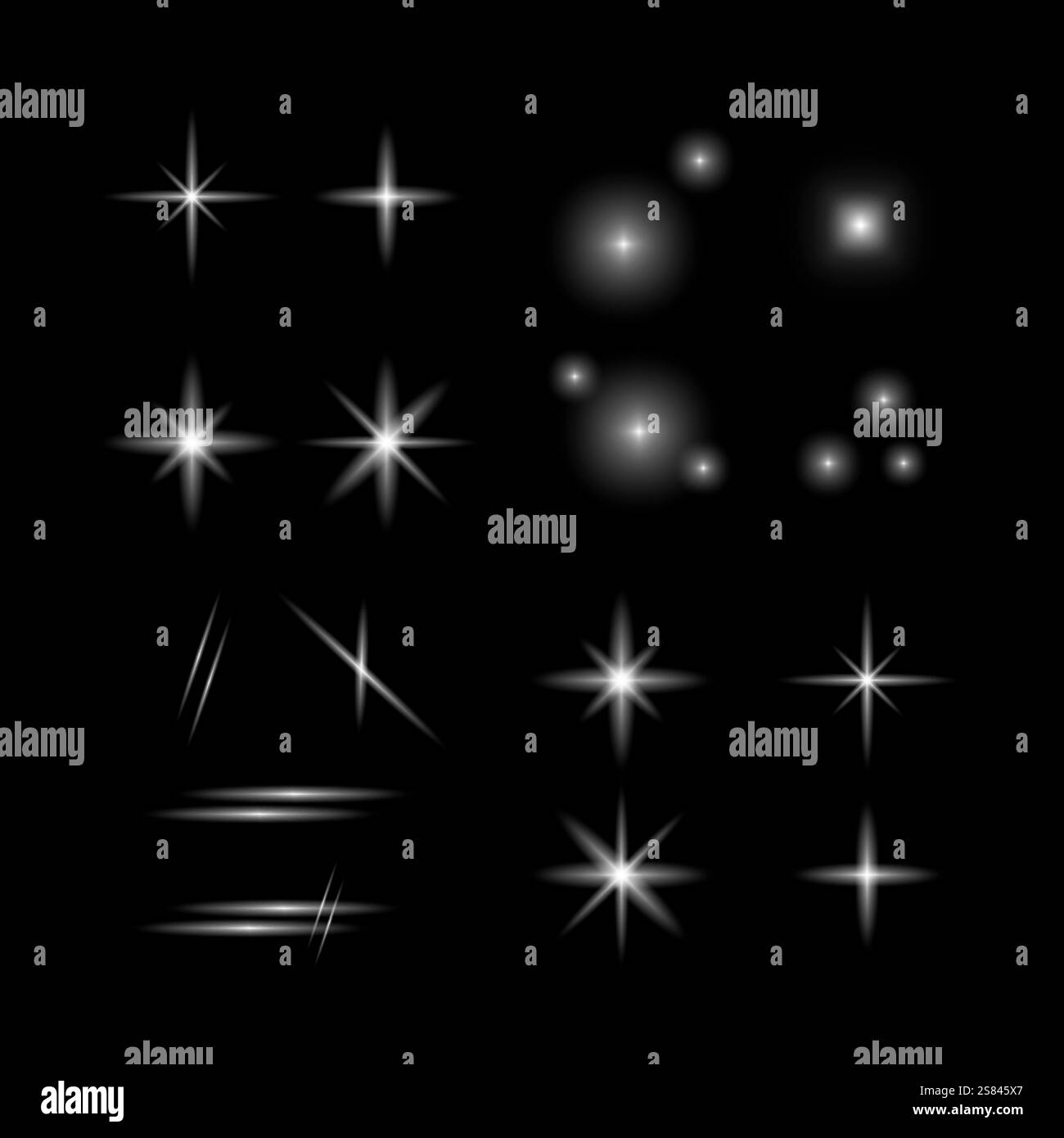 Weiße Sterne auf Schwarz. Hell leuchtende Lichter. Abstrakter Glitzer-Vektor. Nächtliche Grafikelemente Stock Vektor