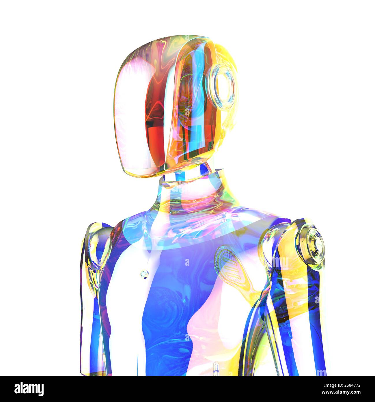 3D-Rendering irisierender humanoider Roboter oder Ai Cyborg isoliert auf weiß Stockfoto