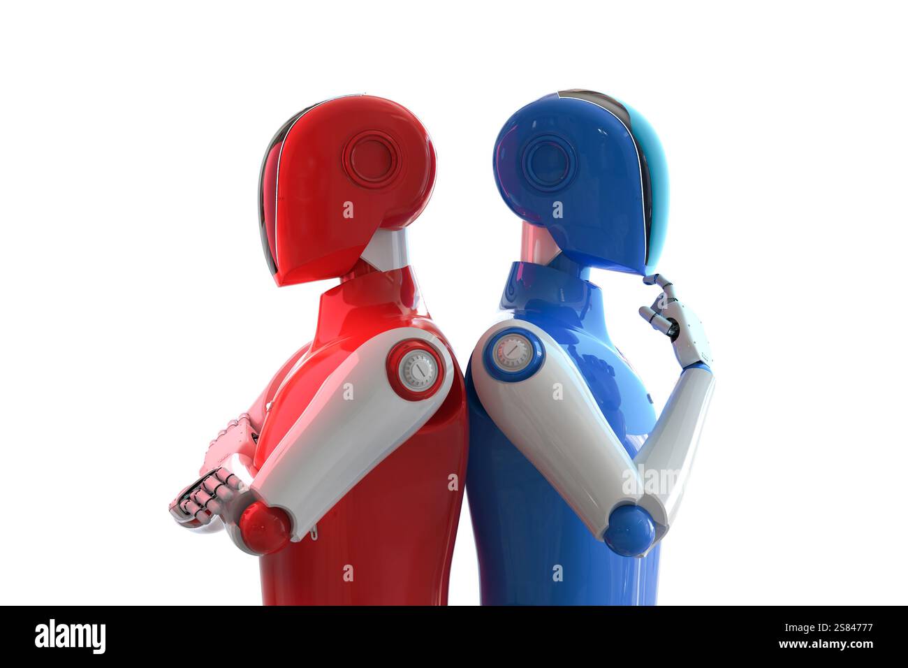 Konzept des Technologiewettbewerbs mit rotem und blauem 3D-Rendering-Roboter auf weißem Hintergrund Stockfoto