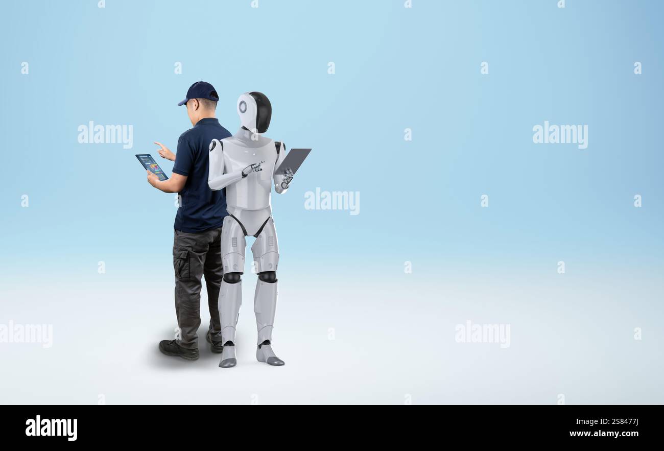 Konzept der Automatisierungsindustrie mit Ingenieurarbeit mit Assistenzroboter Stockfoto