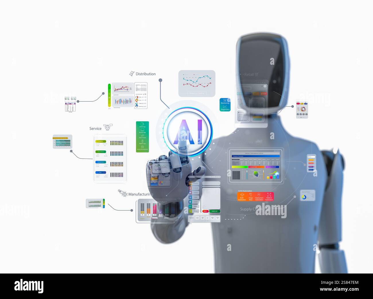 KI-Technologie mit humanoidem 3D-Rendering-Roboter mit hud-Grafikschnittstelle Stockfoto