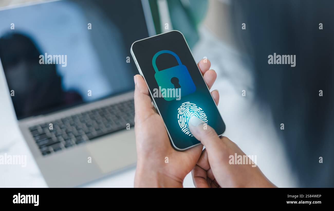 Biometrischer Fingerabdruck-Identitätsscan und Genehmigung des Geschäftsmannes, sicherer Zugang durch gültigen Fingerabdruck-Scan, Sicherheit der Unternehmenstechnologie Internet Stockfoto