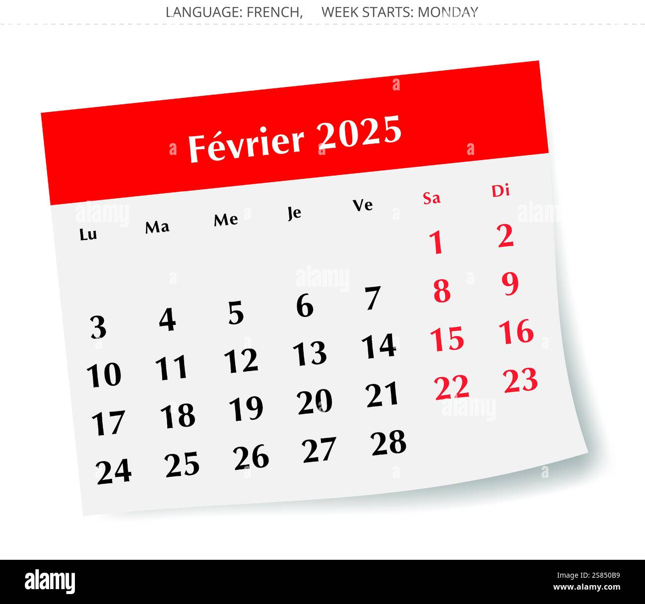 Französischer Kalender für februar 2025. Vektorillustration einer Wintermonatspapierseite für Frankreich - Janvier-Kalender Stock Vektor