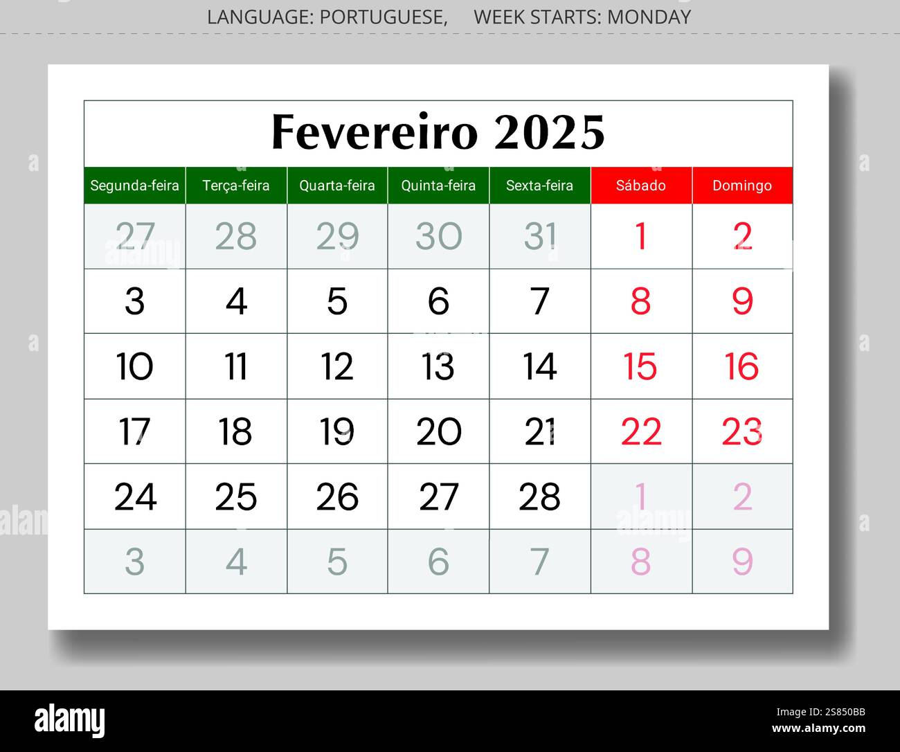 PORTUGIESISCHER Monatskalender für 2025 Jahre - Fevereiro. Vektorseite Illustration für Portugal Stock Vektor