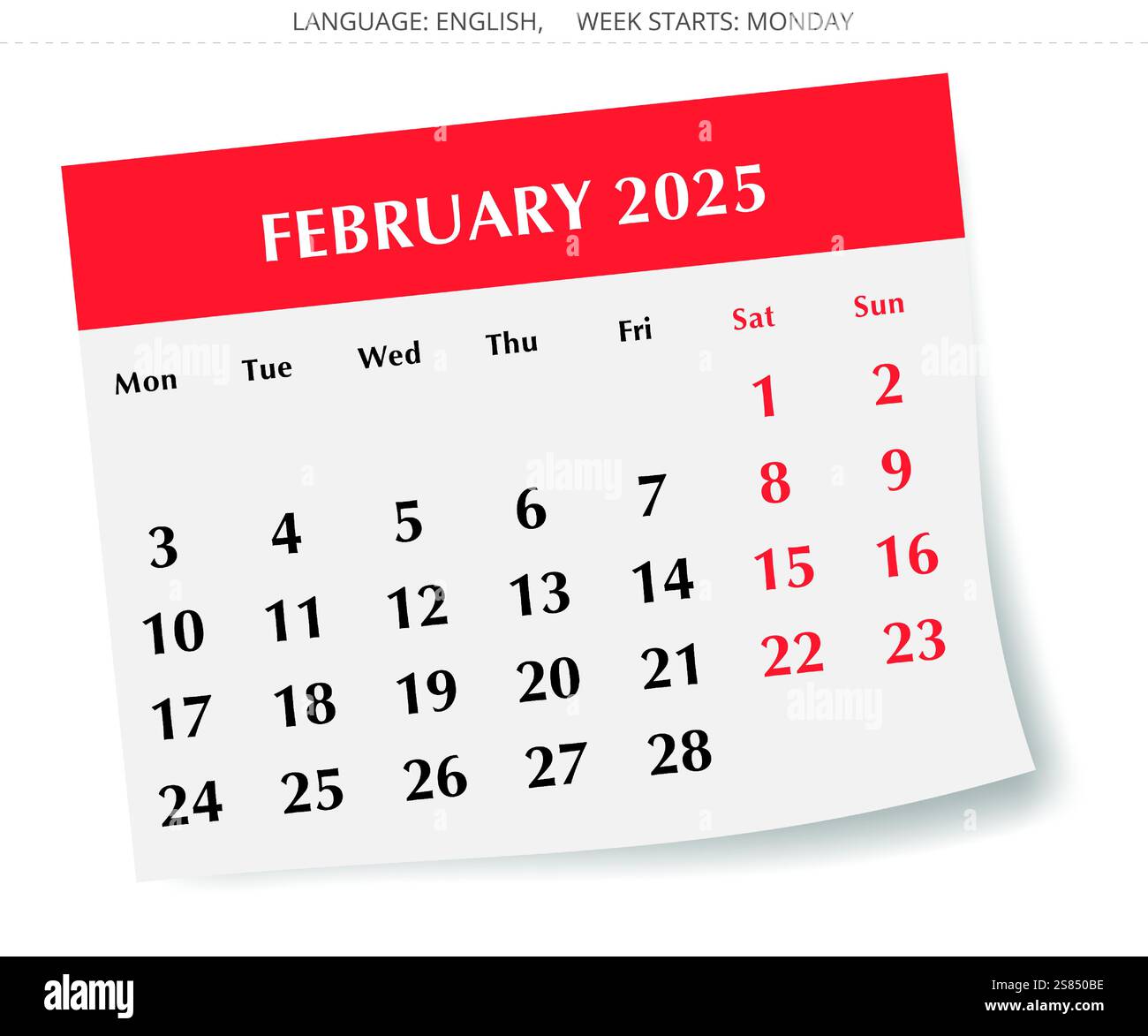 Englischer Kalender für den 2025. februar. Eine Vektorgrafik einer monatlichen Papierseite mit Schatten. Mit Montag beginnen Stock Vektor